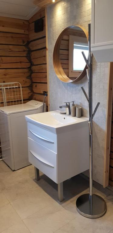 a bathroom with a sink and a mirror at Ammeråns Fiskecamp in Hammarstrand