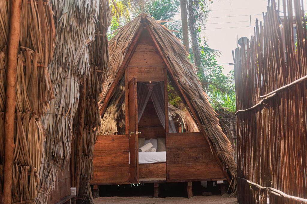 a bed in a thatched tent in a forest at Mapache Hostel & Camping in Holbox Island