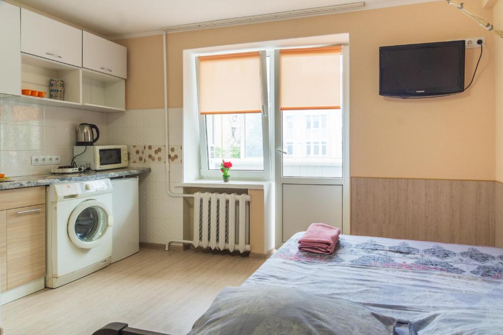 キーウにある1 комнатная квартира по улице Предславинская, 12の小さな客室で、洗濯機、窓が備わります。