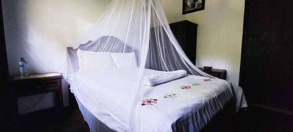 1 dormitorio con 1 cama con mosquitera en Cabaña Velo de Novia, en Socoltenango