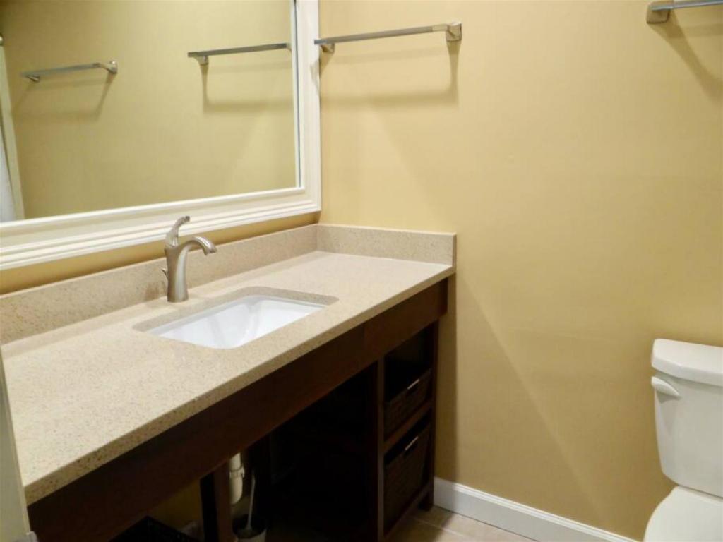 a bathroom with a sink and a mirror and a toilet at Deerfield Plantation 217A2 in Myrtle Beach