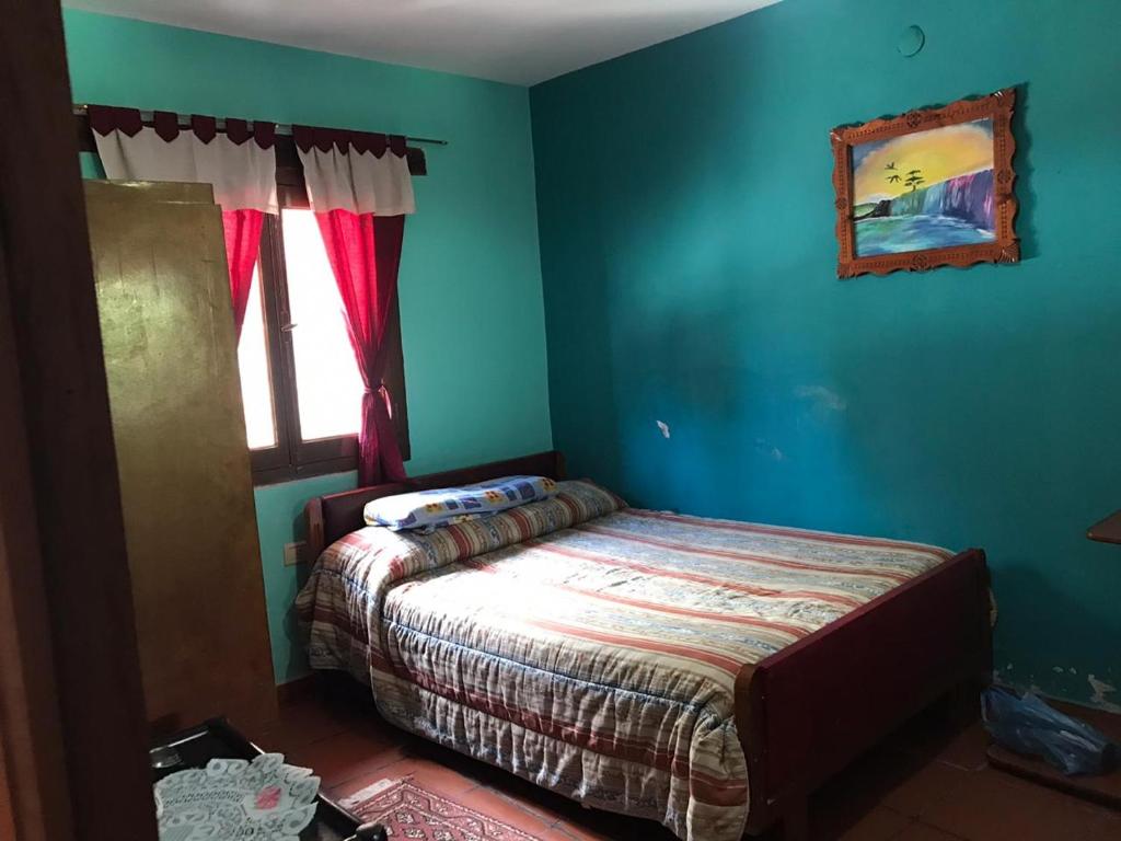 a bedroom with blue walls and a bed with a window at El Descanso Housse II in San Miguel de Tucumán