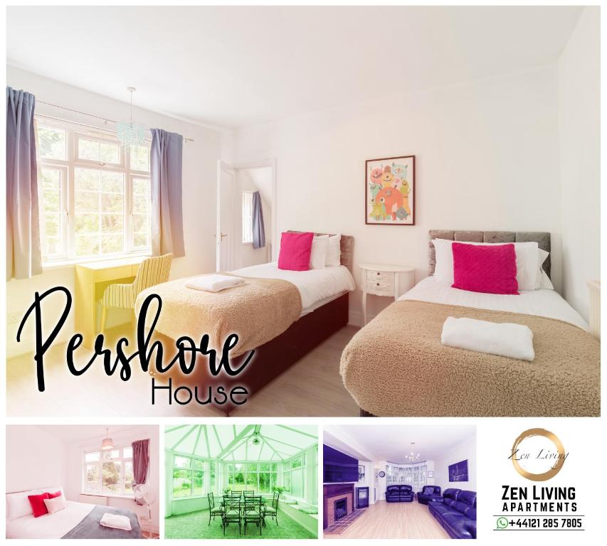 a collage of three pictures of a bedroom house at Beautiful 6 bedroom house for 15 guests next to Edgbaston Stadium in Birmingham