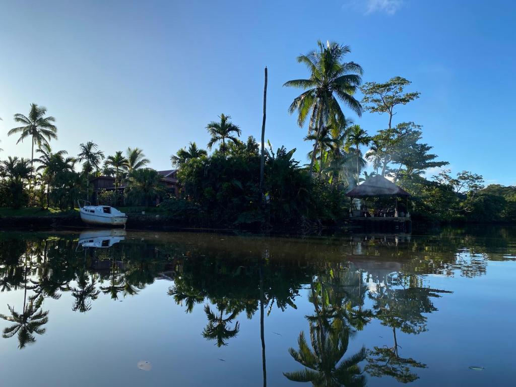 a body of water with a house and palm trees at Orchid Island B&B on the River with Pool & Jetty in Pacific Harbour