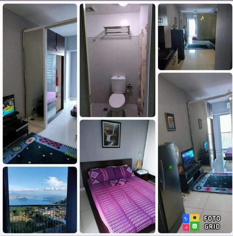 eine Collage mit Bildern eines Zimmers mit einem Bett in der Unterkunft Taal Haven at SMDC Wind Residences Tagaytay in Tagaytay