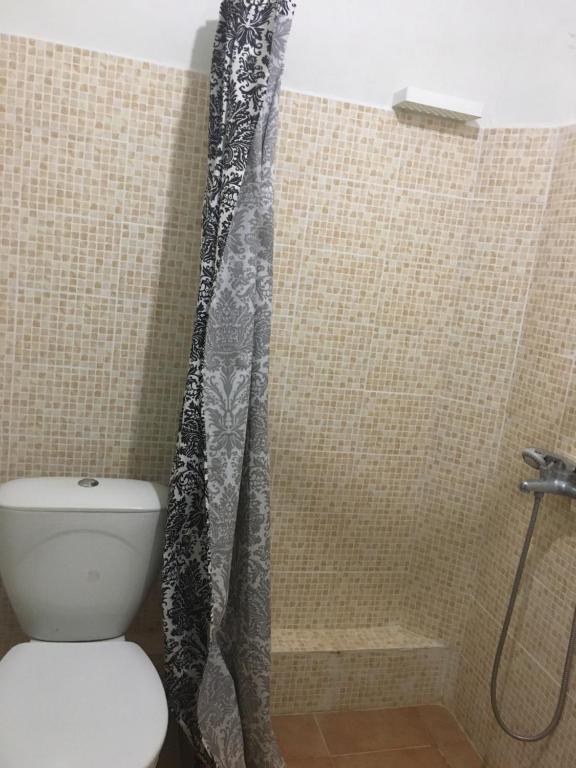 uma casa de banho com um chuveiro, um WC e uma cortina de chuveiro. em Стаи за гости "Maroli House 2" 