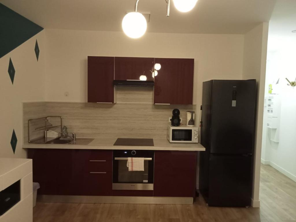 eine Küche mit einem schwarzen Kühlschrank und einer Mikrowelle in der Unterkunft WIFI- STADE DE FRANCE- BASILIQUE CATHEDRALE MONSEJOURASAINTDENIS in Saint-Denis