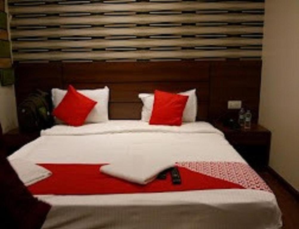 een slaapkamer met een groot bed met rode kussens bij Hotel Goyal, Mansa in Mānsa