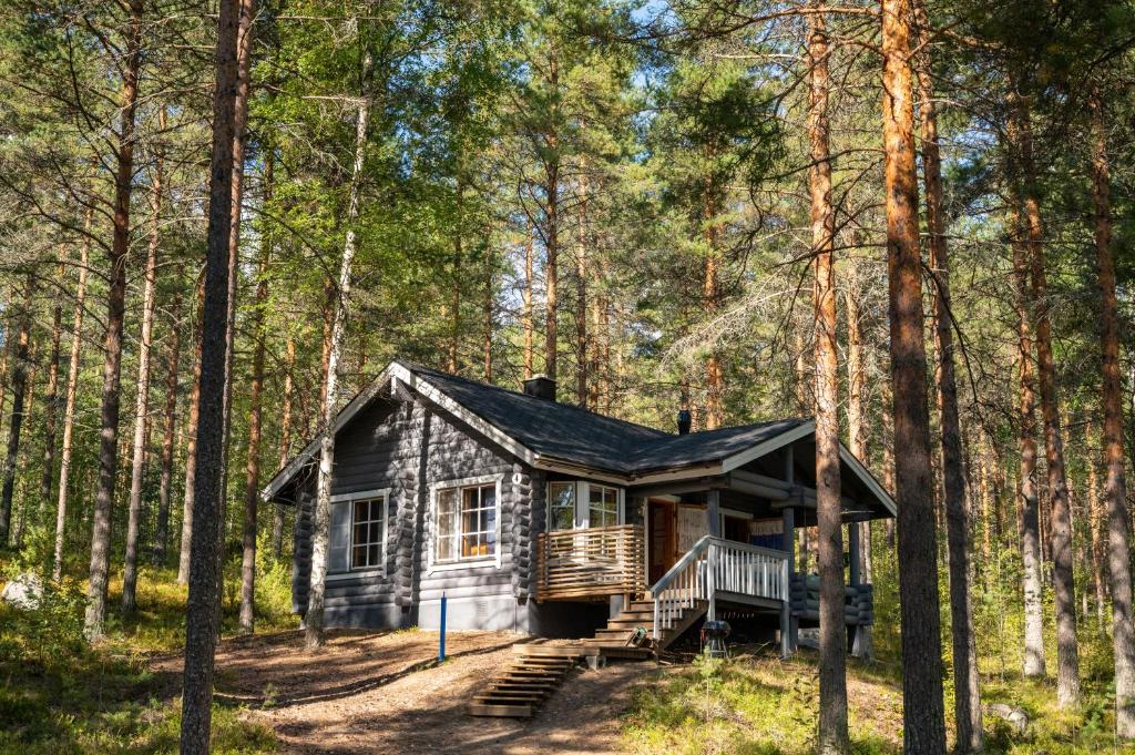 una pequeña cabaña en el bosque con árboles en Saimaan Kultaranta, en Puumala