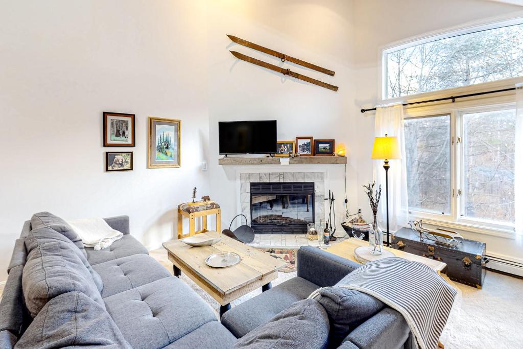 a living room with a couch and a fireplace at Skiing Haven in Dover
