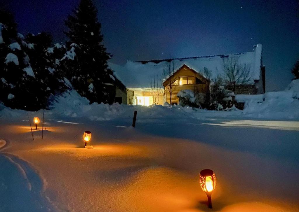 a couple of lights in the snow at night at Gites de la Planta in Le Bouilly