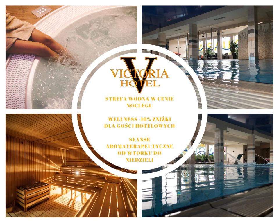 un collage de fotos con una piscina y un folleto en Hotel Victoria, en Wejherowo