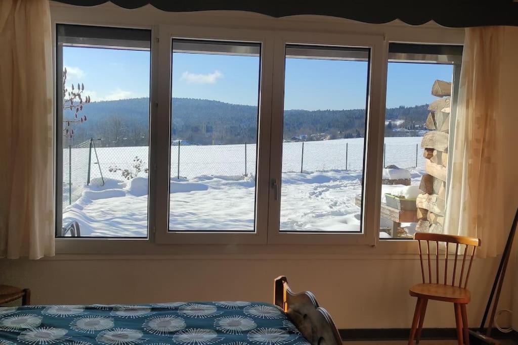 une fenêtre avec vue sur un champ enneigé dans l'établissement Studio avec belle vue proche du lac Genin Echallon, à Echallon