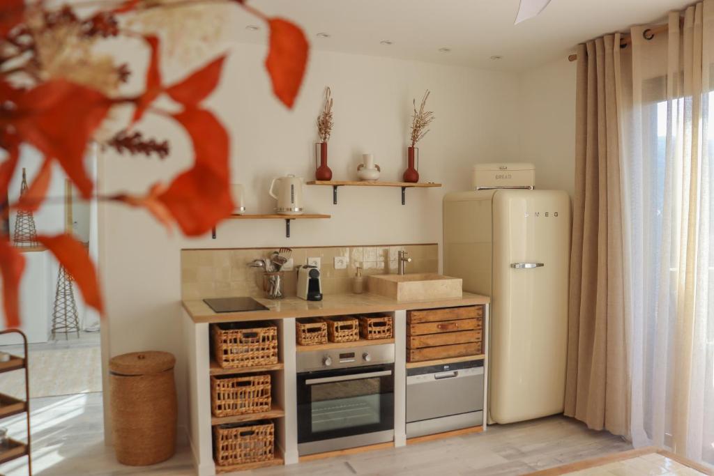 a small kitchen with a refrigerator and a sink at Chambre d'hôtes A Vadina Porticcio in Porticcio