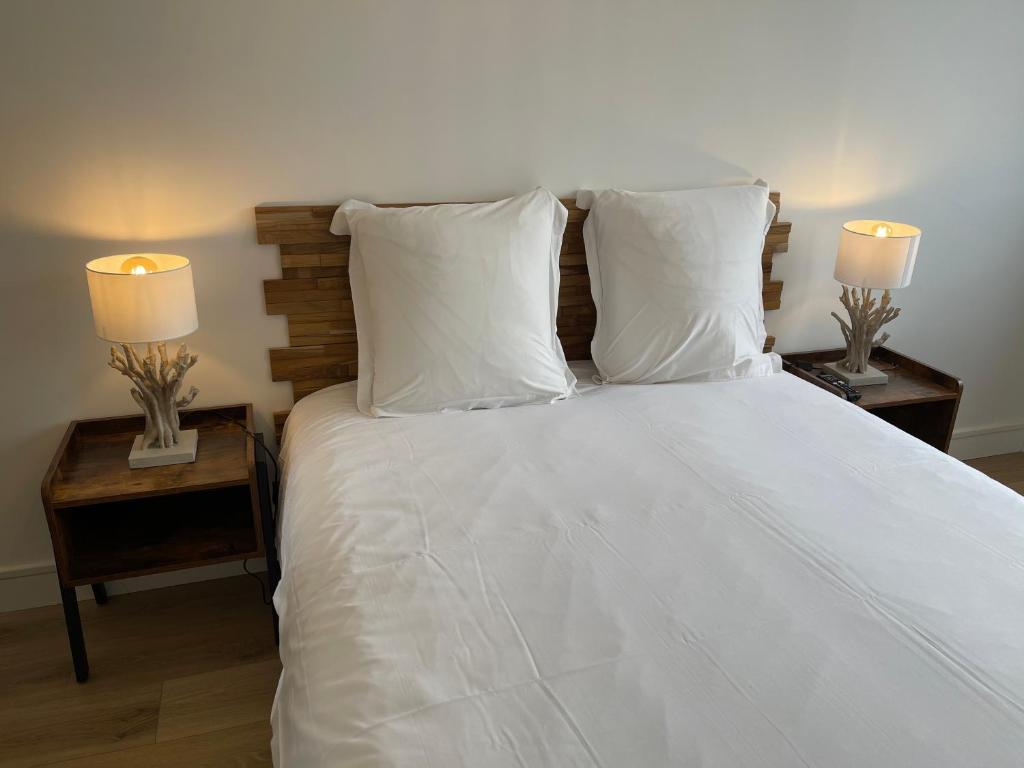 a bedroom with a white bed with two lamps on tables at Le Zen - Wifi - Netflix - 3 chambres - Parking in Clermont-Ferrand