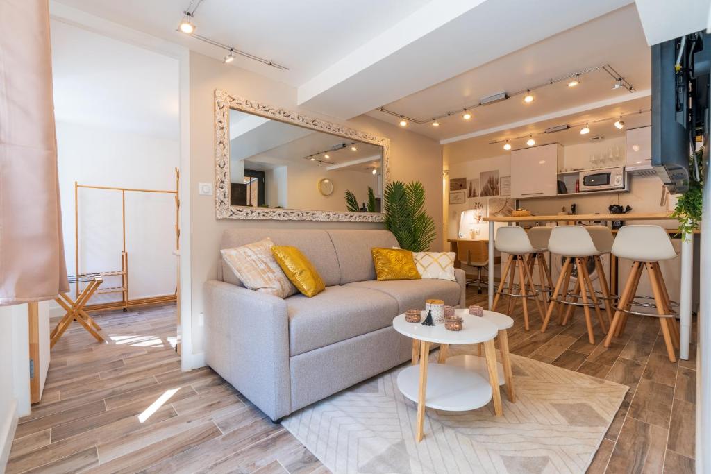 ein Wohnzimmer mit einem Sofa und einem Tisch in der Unterkunft Le Bohème - Spa/Netflix/Wifi Fibre - Séjour Lozère in Mende