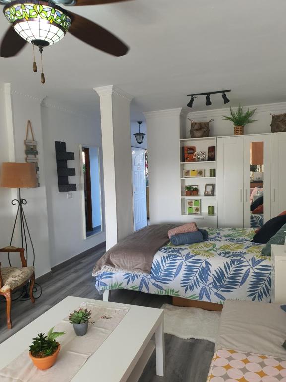 a bedroom with a bed and a living room at Playa del Ingles Estudio LOS MOLINOS 205 in Maspalomas