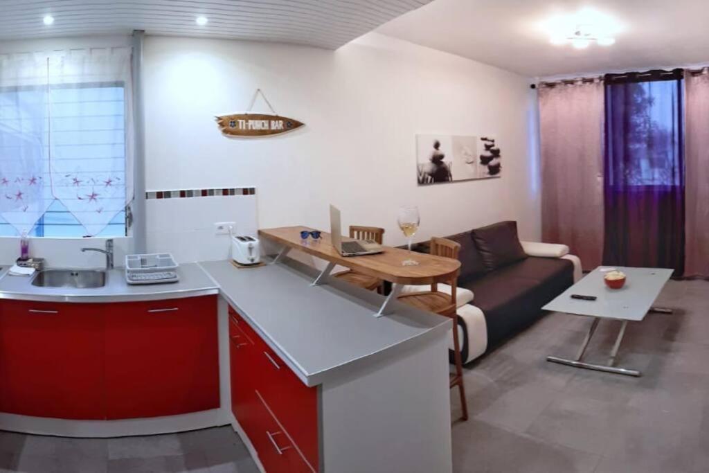 eine Küche und ein Wohnzimmer mit einem Sofa in der Unterkunft F3 proche mer Pointe du Bout Trois Ilets in Les Trois-Îlets