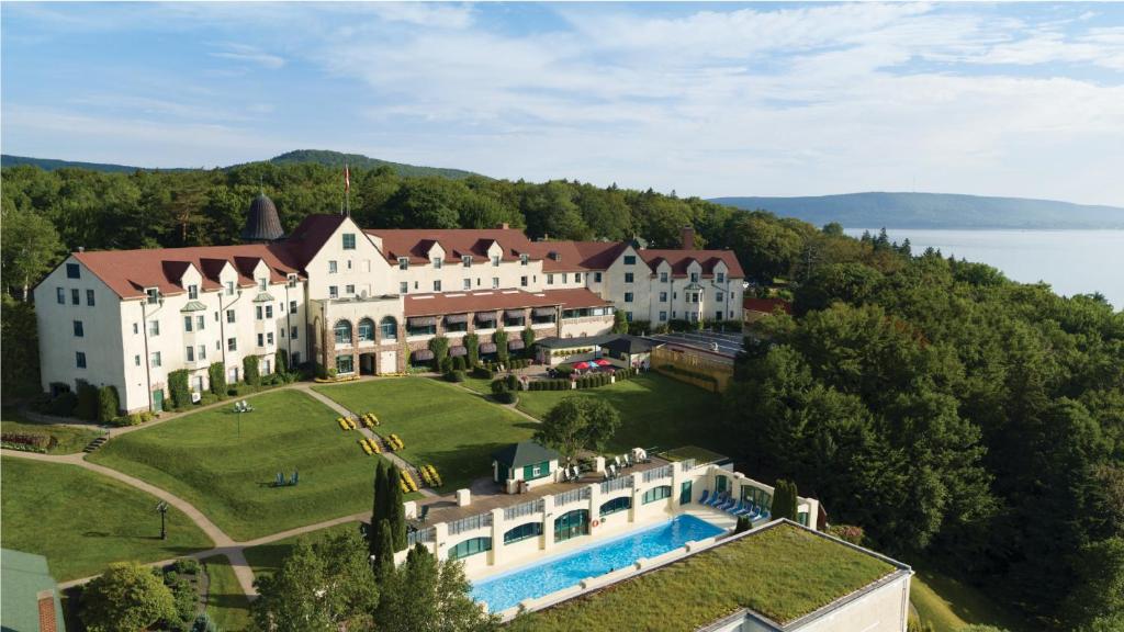 an aerial view of a large house on a hill at Digby Pines Golf Resort and Spa in Digby