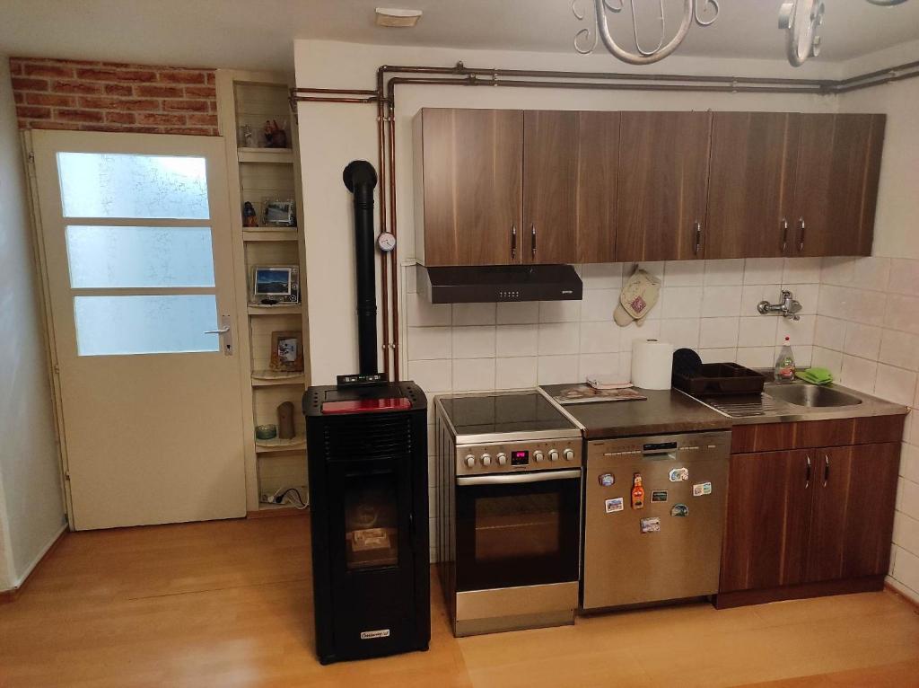 een keuken met een fornuis top oven naast een deur bij Apartmani Šarac - Pale in Pale
