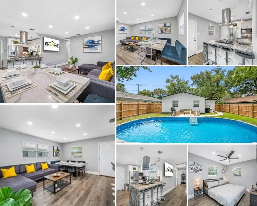 un collage de fotos de una casa con piscina en Contemporary & Fully Updated Heated Pool Home, en Tampa