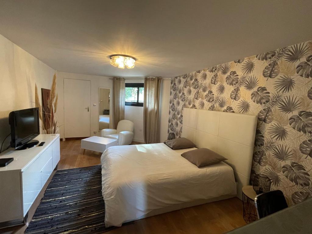 um quarto com uma cama e uma televisão num quarto em Ty Logis em Montrabé