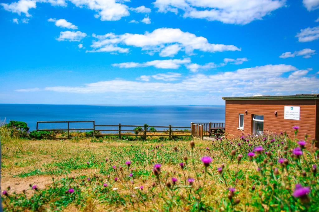 a house with a field of flowers in front of the ocean at Sunset sea view chalet with hot tub in Torpoint