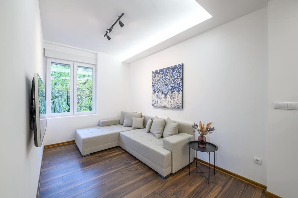 ベオグラードにあるDedinje apartmentのソファとテーブルのある白いリビングルーム