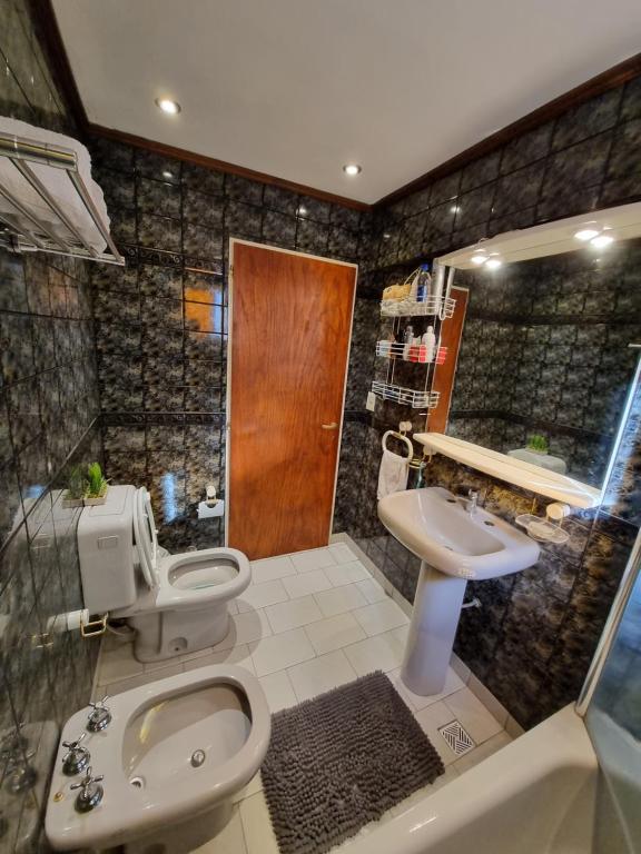 y baño con aseo, lavabo y ducha. en El Condor Fueguino en Ushuaia