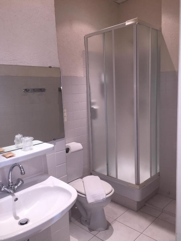 a bathroom with a shower and a toilet and a sink at Hôtel P.L.M. in Cannes