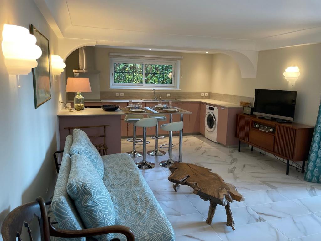 Televízia a/alebo spoločenská miestnosť v ubytovaní Rez-de-chaussée dans grand jardin provençal, à la villa Tatiana