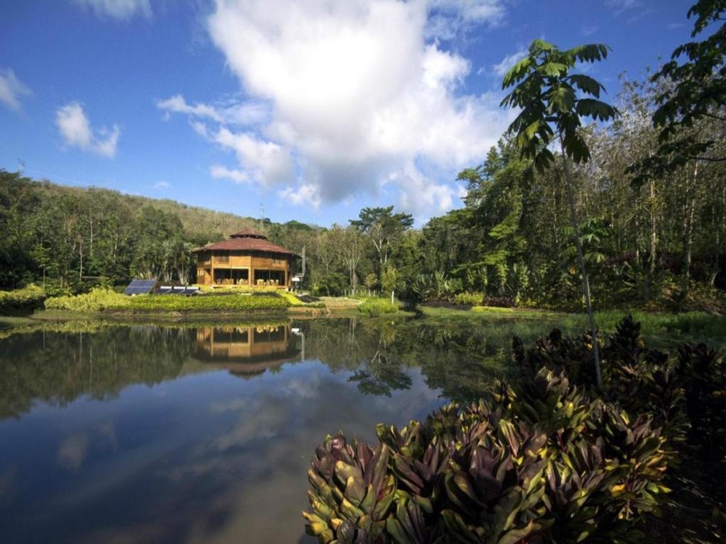 a large building in the middle of a lake at Macaw Lodge in Carara