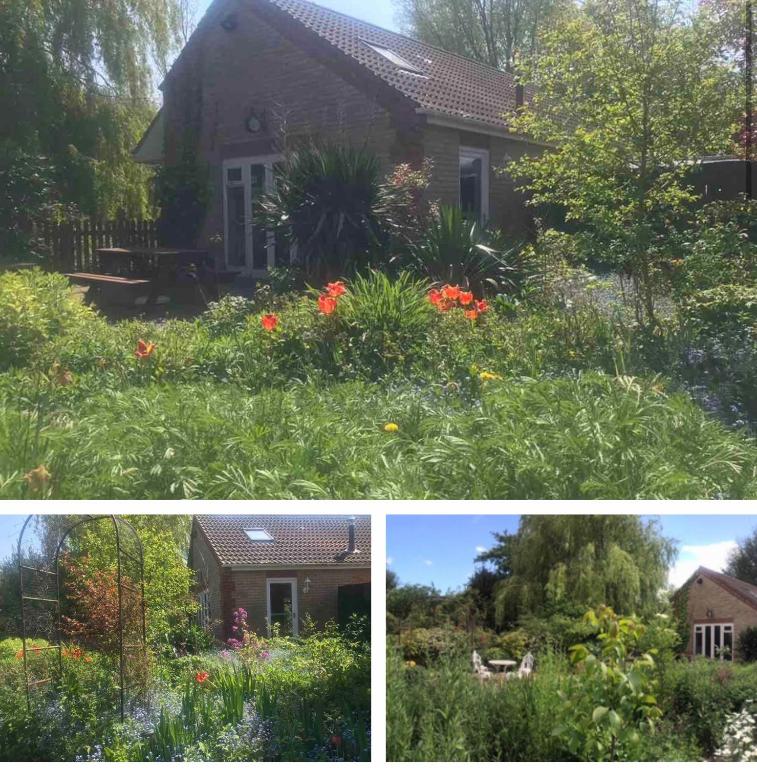 a collage of photos of a house and a garden at Charming Country Retreat -Lake View Cottage with Hot tub in Wisbech Saint Mary
