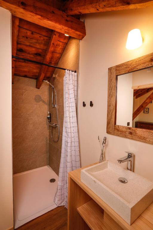 a bathroom with a sink and a shower at Domaine Agricole Cotzé &#47; Casa rural in Enveitg