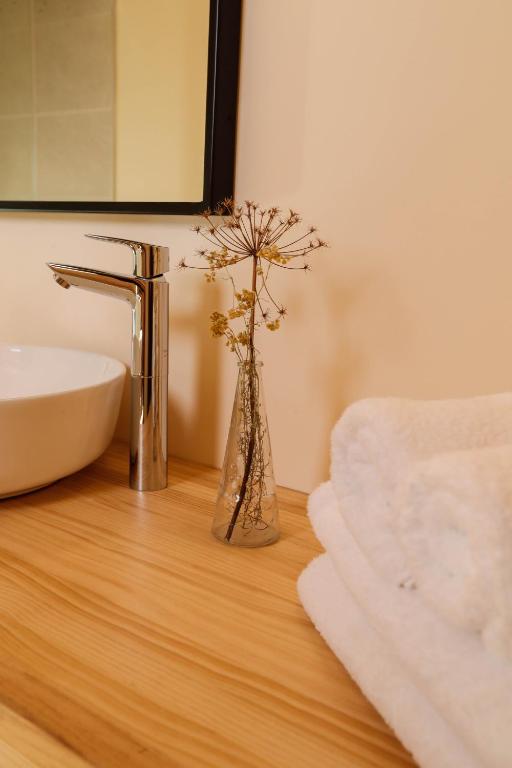 a bathroom with a sink and a vase with flowers in it at Domaine Agricole Cotzé &#47; Casa rural in Enveitg