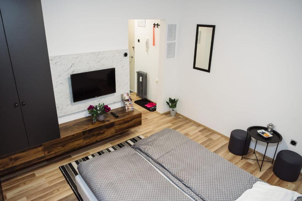 a living room with a flat screen tv and a couch at Nacional 3 apartman studio in Subotica