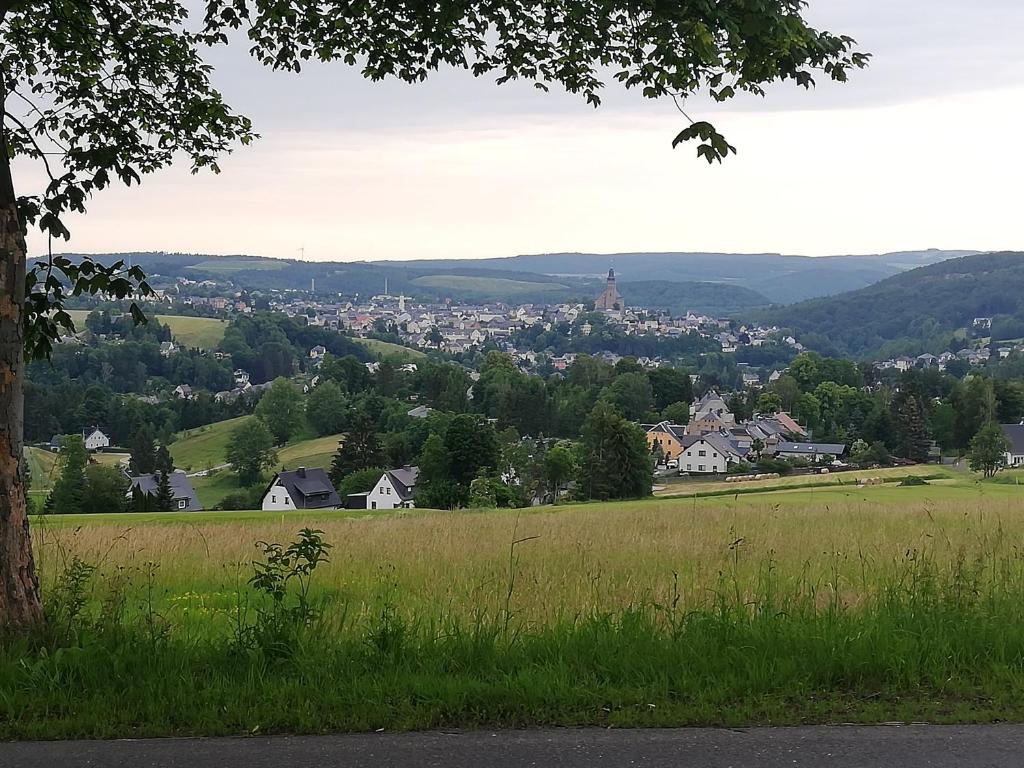 Blick auf eine Stadt von einem Grashügel in der Unterkunft Ursula in Schneeberg