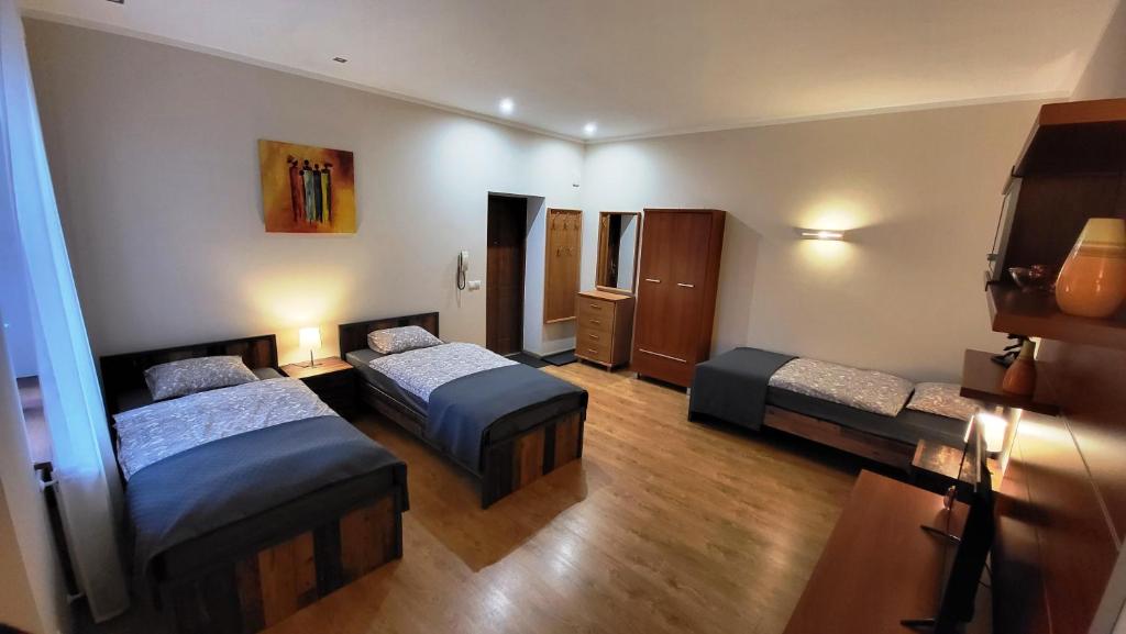 una camera d'albergo con due letti e una televisione di Apartament ANGELO a Głogówek