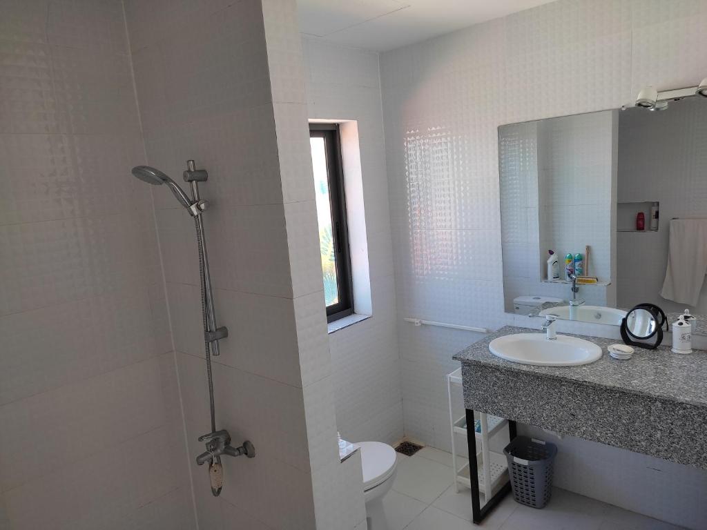 a bathroom with a shower and a toilet and a sink at Domaine d'Aba in Danang