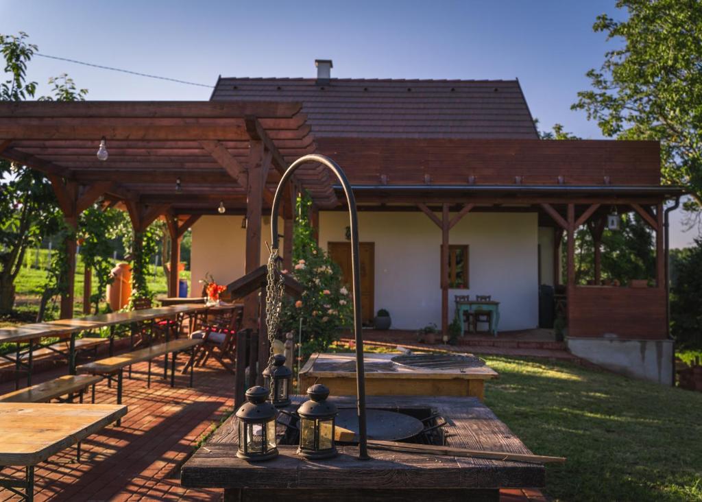 a outdoor patio with a christmas tree and a fountain at Kispince Wellness Borbirtok in Böhönye
