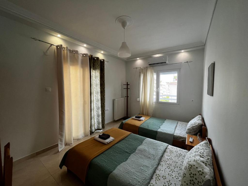 1 Schlafzimmer mit 2 Betten und einem Fenster in der Unterkunft Istos Apartment in Thessaloniki
