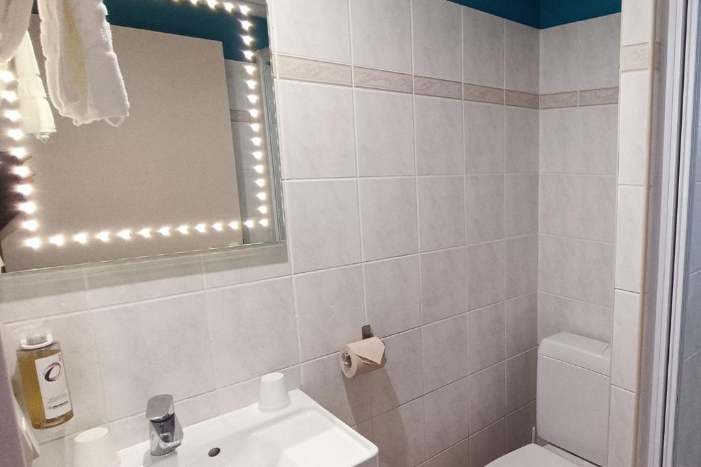 a bathroom with a sink and a mirror and a toilet at The Originals Access, Hôtel les Iris, Berck-sur-Mer in Berck-sur-Mer