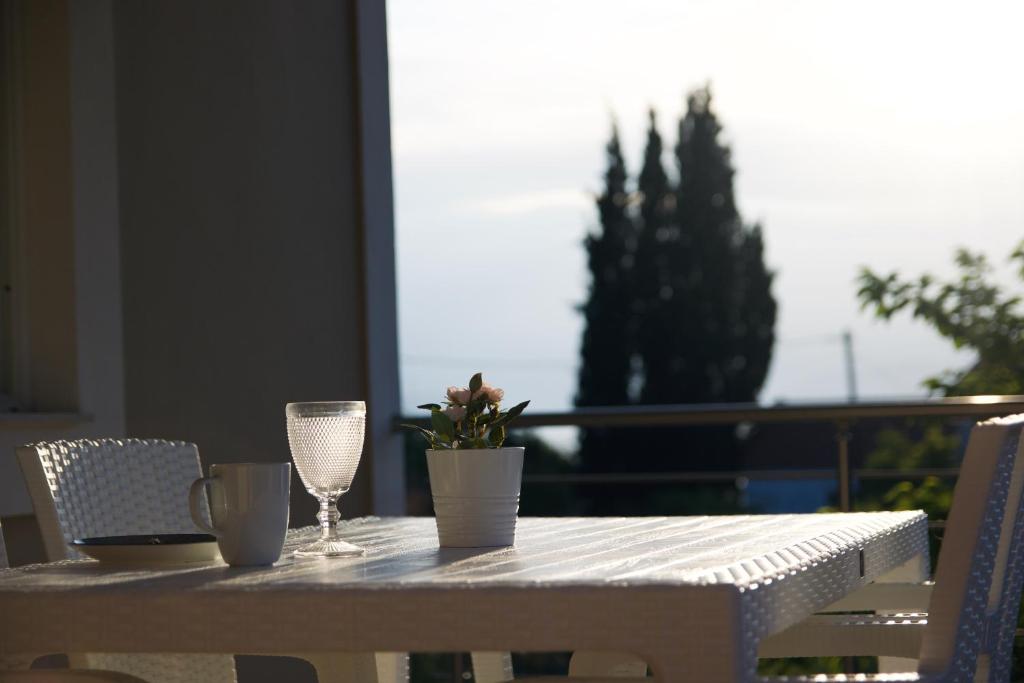 a table with two glasses and a potted plant on it at Casa Di Calma Four Seasons Guest House in Kastríon