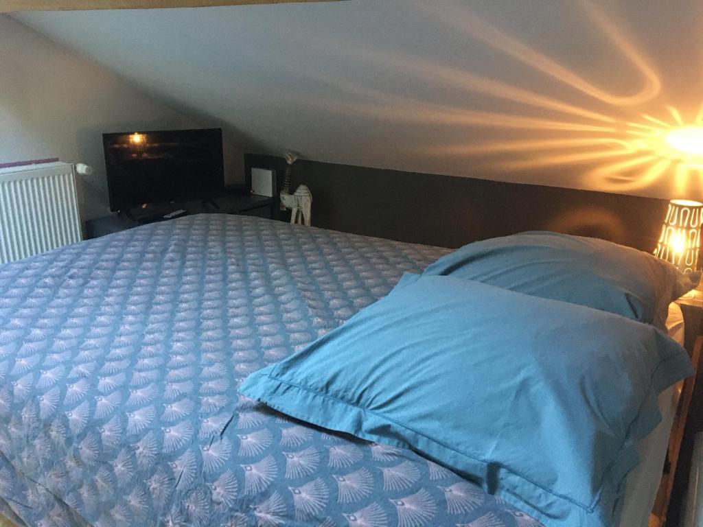 a bedroom with a large bed with blue pillows at Studio centre-ville climatisé avec parking gratuit in Clermont-Ferrand