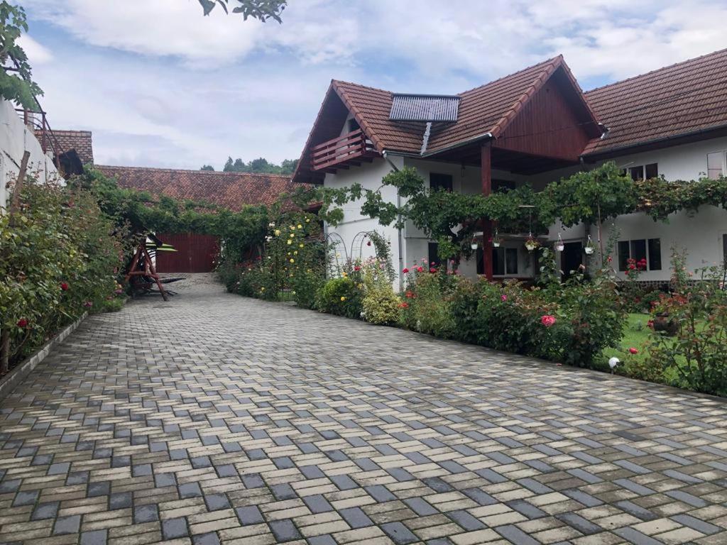 a cobblestone driveway in front of a house at Pensiunea Flori Sibiel in Sibiel