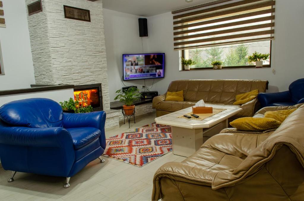 sala de estar con 2 sofás y chimenea en Skyline Villa, en Azuga