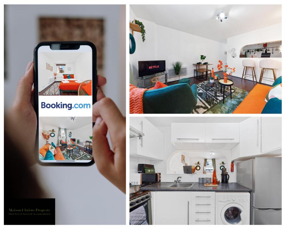 a person taking a picture of a kitchen and a room at Kirkwall 1Bedroom Apt Sleeps 4 with Wifi & Lesiure By Maison Christo Property Short Lets & Serviced Accommodation in London