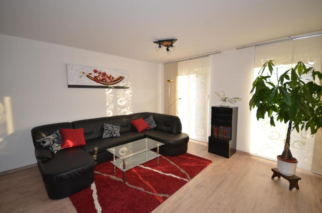 ein Wohnzimmer mit einem schwarzen Sofa und einer Topfpflanze in der Unterkunft Ferienwohnung im Weinbergweg in Quedlinburg