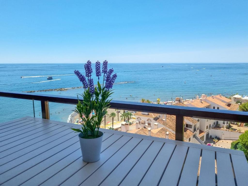 a potted plant sitting on a deck with a view of the ocean at Spectacular Sea Views Benalmádena in Benalmádena