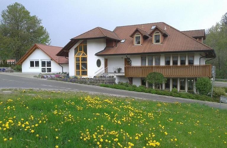 une maison sur le côté d'une route avec un champ de fleurs dans l'établissement DZT-Schwarzwaldhotel garni, à Unterkirnach